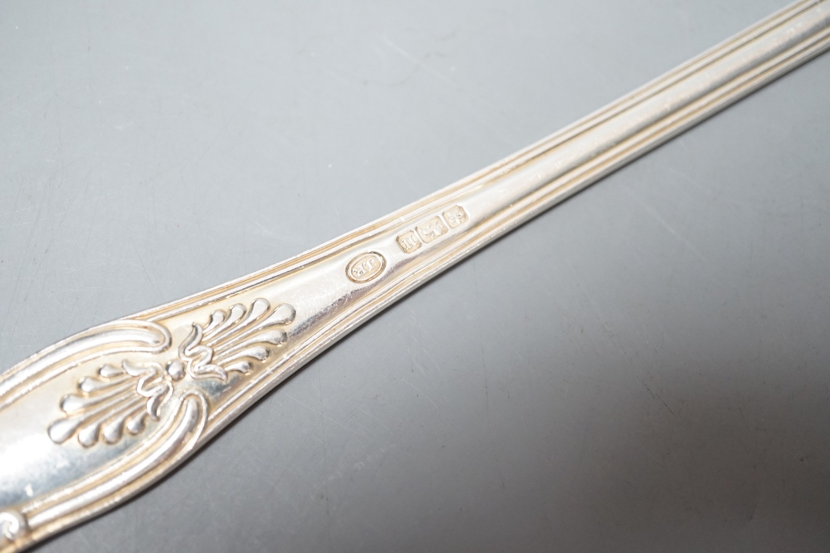 An Edwardian silver Kings pattern basting spoon, John Round, Sheffield, 1905, 34.6cm, 237 grams.